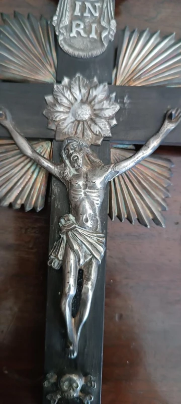 Antique crucifix and holy water font, made of silver, 19th century, Naples
