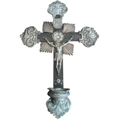 Antique crucifix and holy water font, made of silver, 19th century, Naples