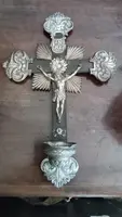 Antique crucifix and holy water font, made of silver, 19th century, Naples