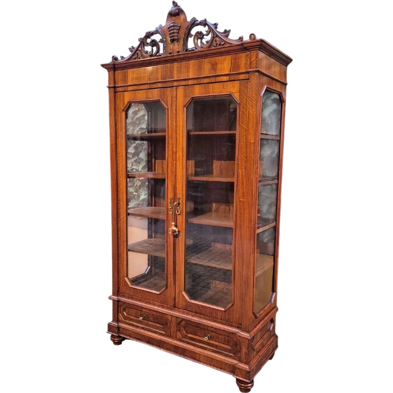 Antique Louis Philippe display bookcase with walnut veneer
