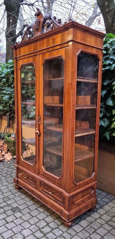 Antique Louis Philippe display bookcase with walnut veneer