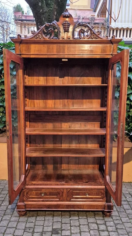 Antique Louis Philippe display bookcase with walnut veneer