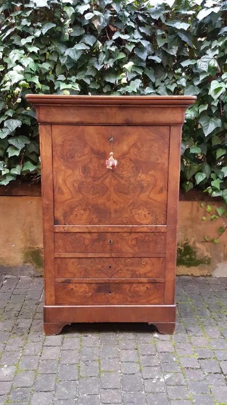 Secretaire antico Luigi Filippo cappuccino in noce e radica