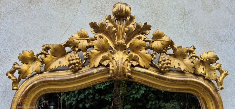 Miroir ancien piémontais doré avec corniche sculptée