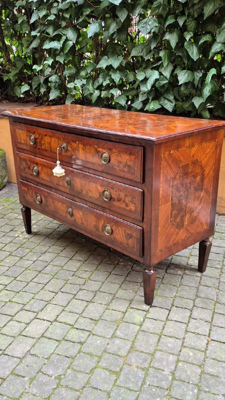 Antique Louis XVI-style chest of drawers from Emilia, with veneered and filleted panels