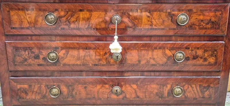 Antique Louis XVI-style chest of drawers from Emilia, with veneered and filleted panels