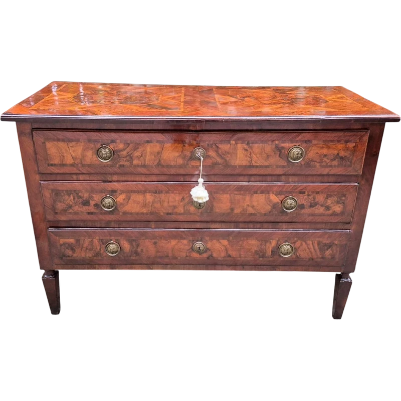 Antique Louis XVI-style chest of drawers from Emilia, with veneered and filleted panels
