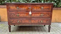 Antique Louis XVI-style chest of drawers from Emilia, with veneered and filleted panels