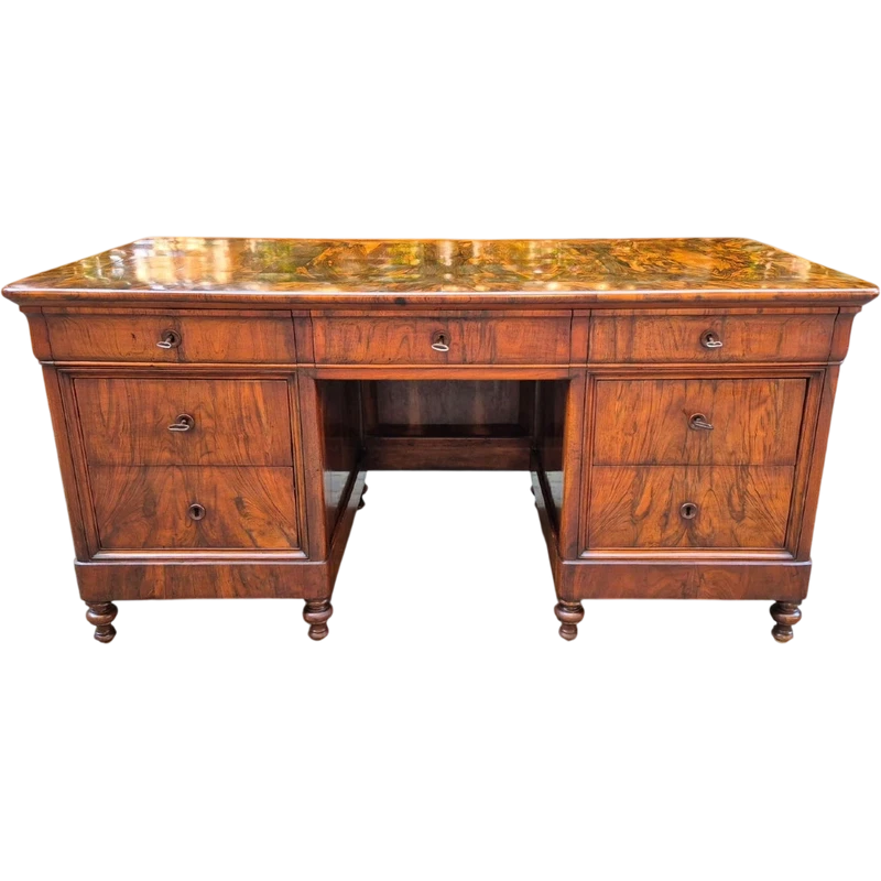 Antique Louis Philippe desk with a walnut and burl veneer and a groove
