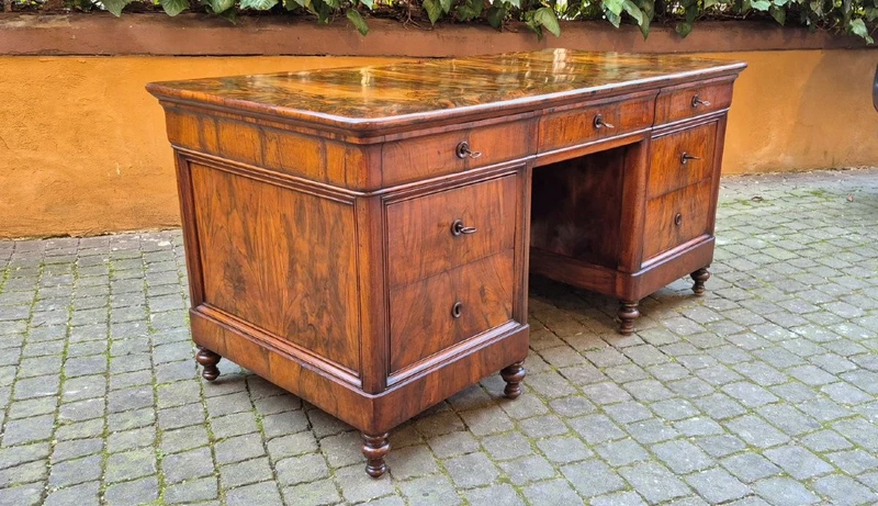 Antique Louis Philippe desk with a walnut and burl veneer and a groove