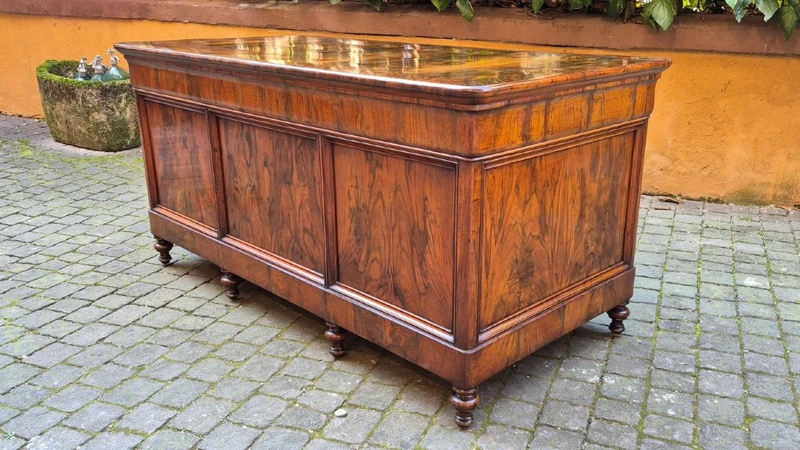 Antique Louis Philippe desk with a walnut and burl veneer and a groove