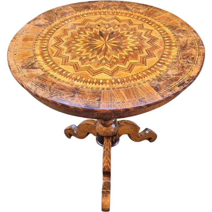 Antique round coffee table by Rolo with inlaid design