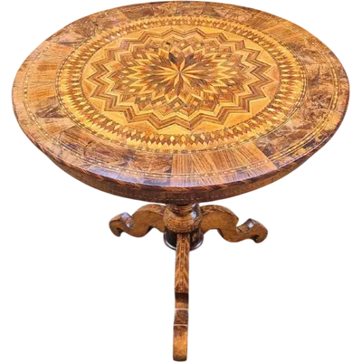 Tavolino tondo antico di Rolo intarsiato