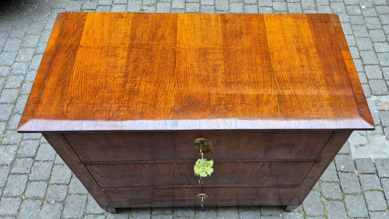 Small antique 19th-century chest of drawers in the Louis XVI style, veneered