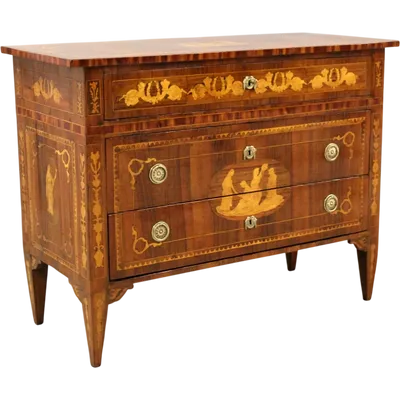 Ancienne commode Louis XVI en noyer marqueté, XIXe siècle