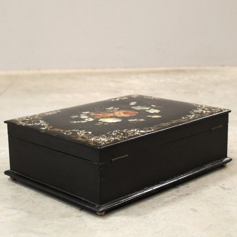 Antique lacquered, painted, and inlaid wooden casket from the 19th century