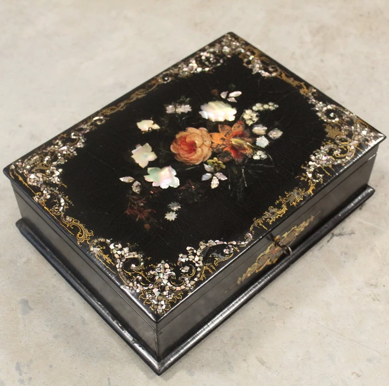 Antique lacquered, painted, and inlaid wooden casket from the 19th century
