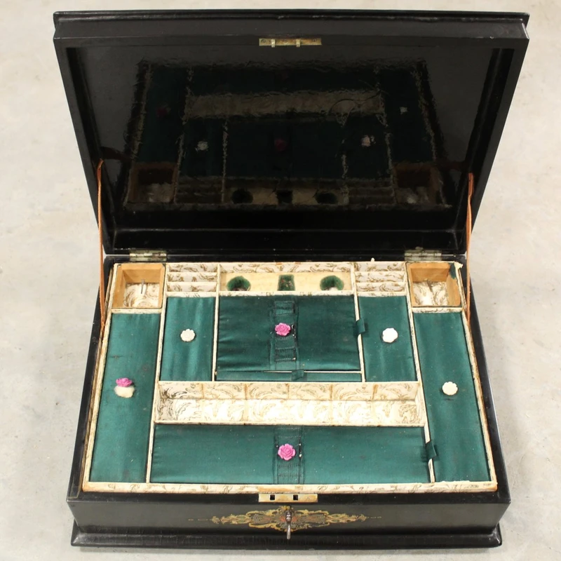 Antique lacquered, painted, and inlaid wooden casket from the 19th century