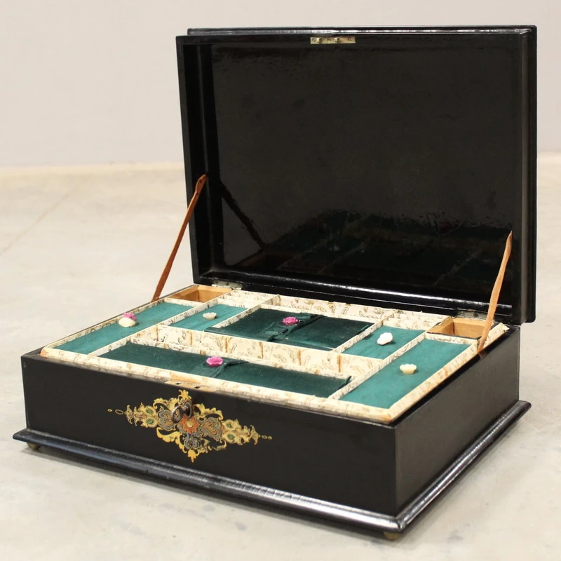 Antique lacquered, painted, and inlaid wooden casket from the 19th century