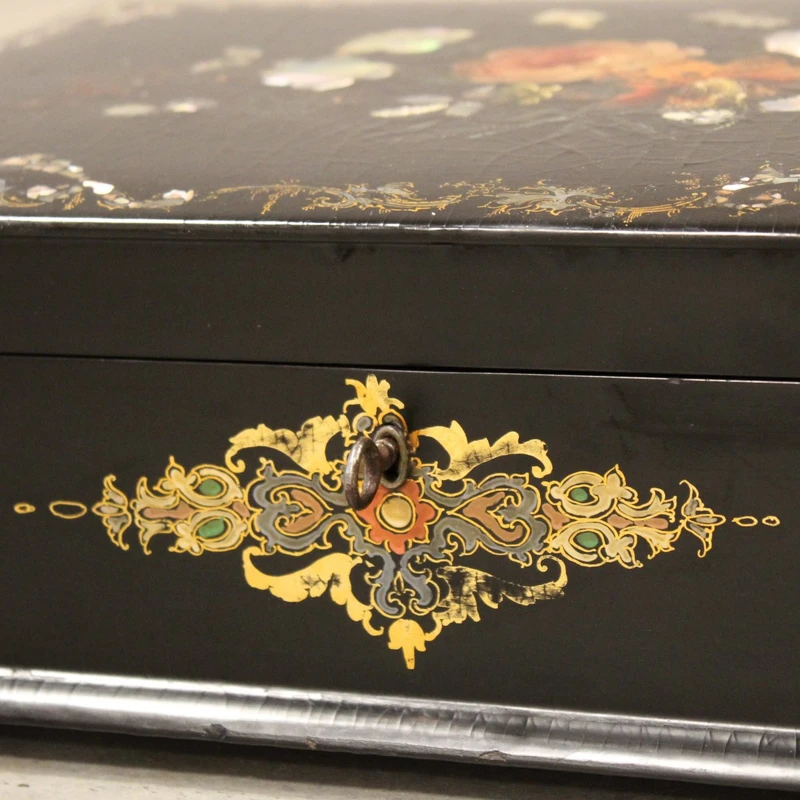 Antique lacquered, painted, and inlaid wooden casket from the 19th century