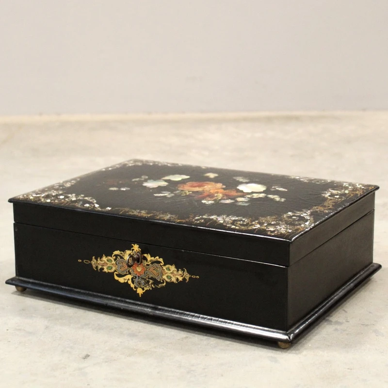 Antique lacquered, painted, and inlaid wooden casket from the 19th century
