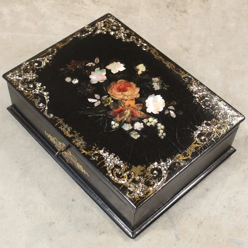 Antique lacquered, painted, and inlaid wooden casket from the 19th century