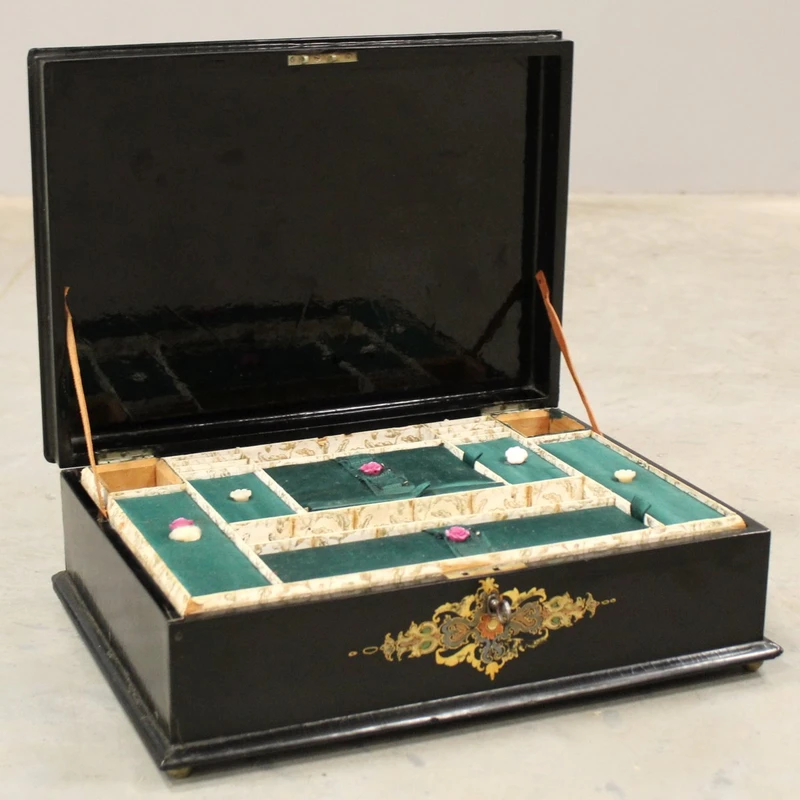 Antique lacquered, painted, and inlaid wooden casket from the 19th century