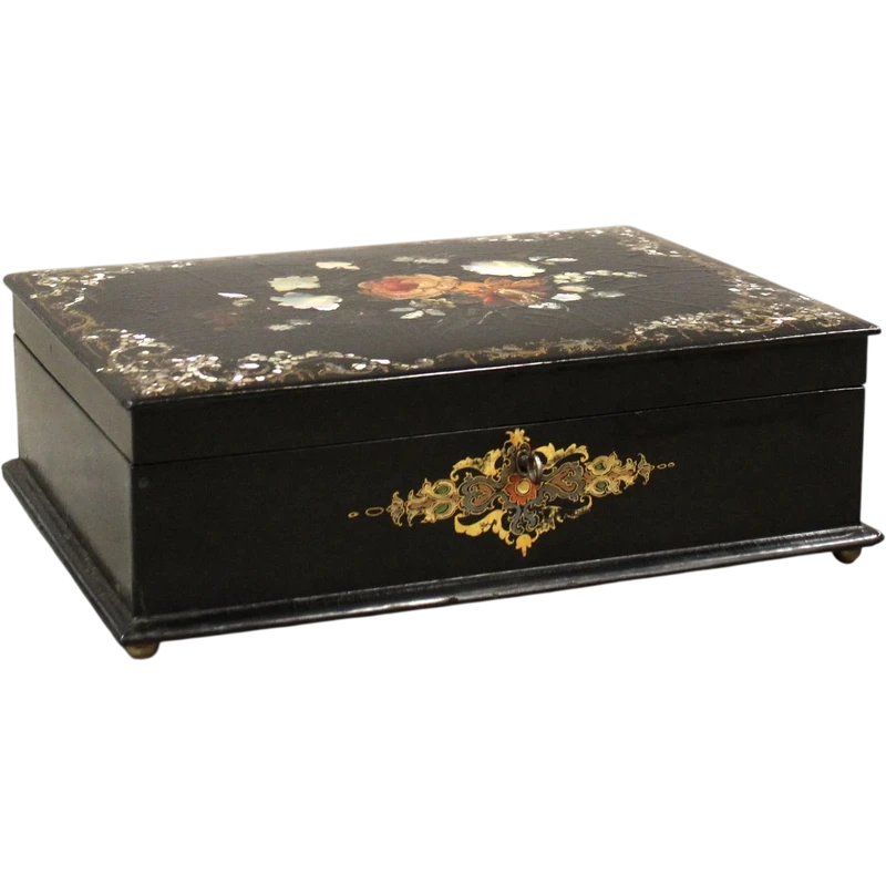 Antique lacquered, painted, and inlaid wooden casket from the 19th century
