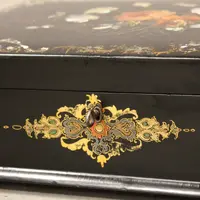 Antique lacquered, painted, and inlaid wooden casket from the 19th century