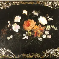 Antique lacquered, painted, and inlaid wooden casket from the 19th century