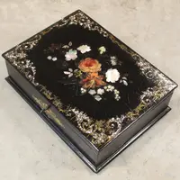 Antique lacquered, painted, and inlaid wooden casket from the 19th century