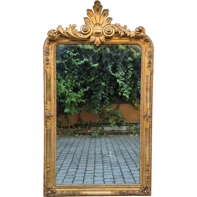 Grand miroir ancien doré du XIXe siècle avec corniche