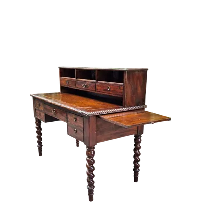 Antique mahogany writing desk with a drop-leaf top and drawers