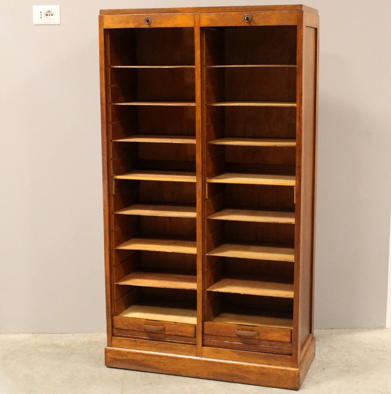 Antique oak filing cabinet with sliding doors