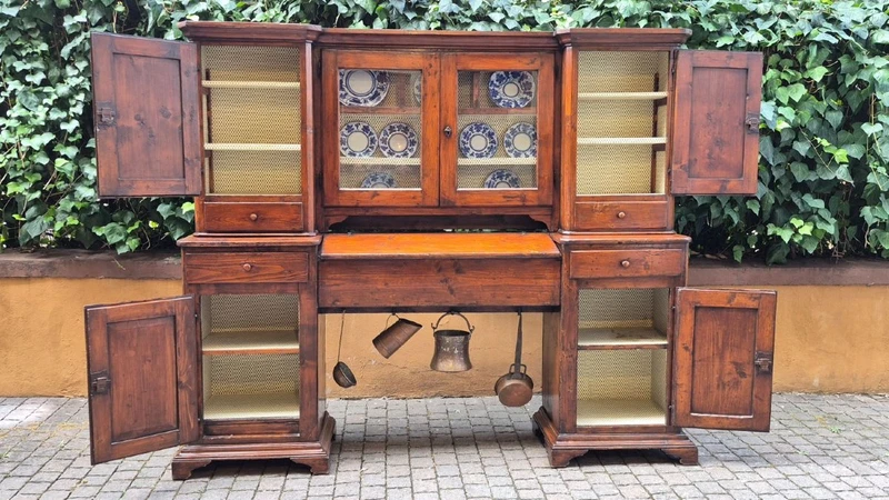Credenza madia antica 2 corpi con piattaia dell'800 a ponte