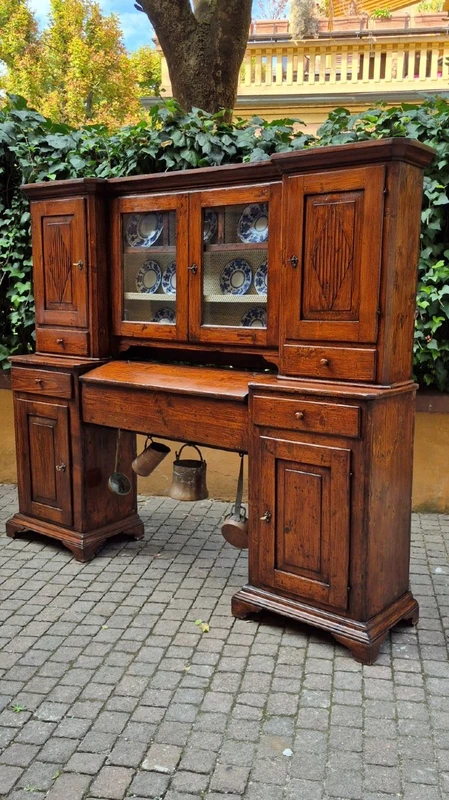 Credenza madia antica 2 corpi con piattaia dell'800 a ponte