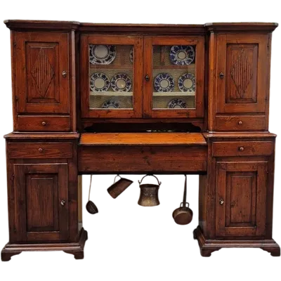 Antique two-section sideboard with a 19th-century bridge-style plate rack