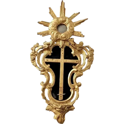 Antique frame with a crucifix, made of carved and gilded wood, 18th century