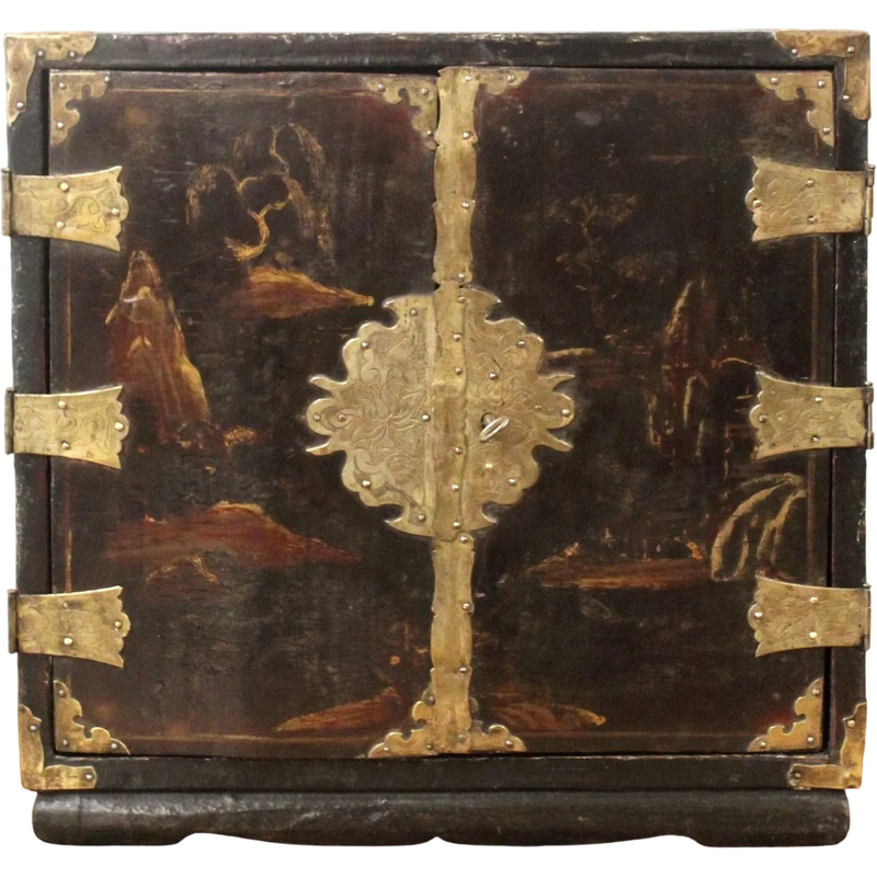 Antique coin cabinet and travel jewelry box made of lacquered and painted wood