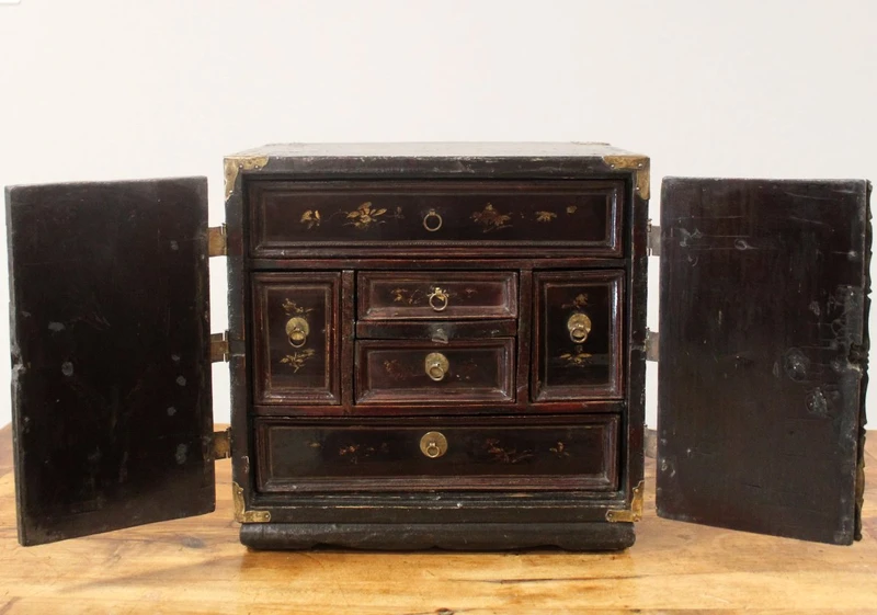 Antique coin cabinet and travel jewelry box made of lacquered and painted wood