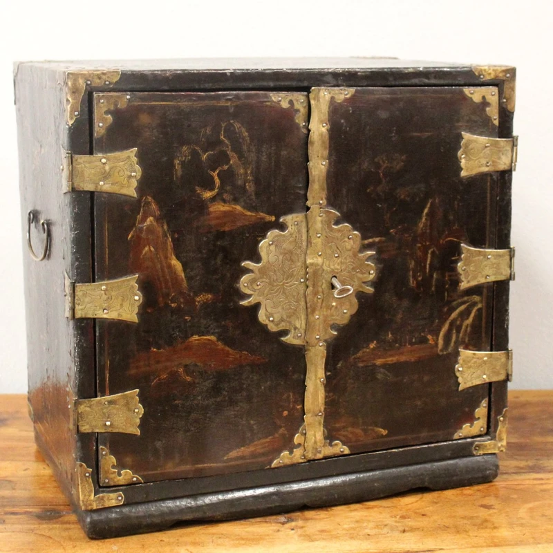 Antique coin cabinet and travel jewelry box made of lacquered and painted wood
