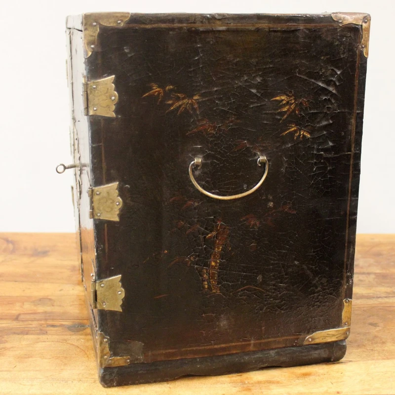 Antique coin cabinet and travel jewelry box made of lacquered and painted wood