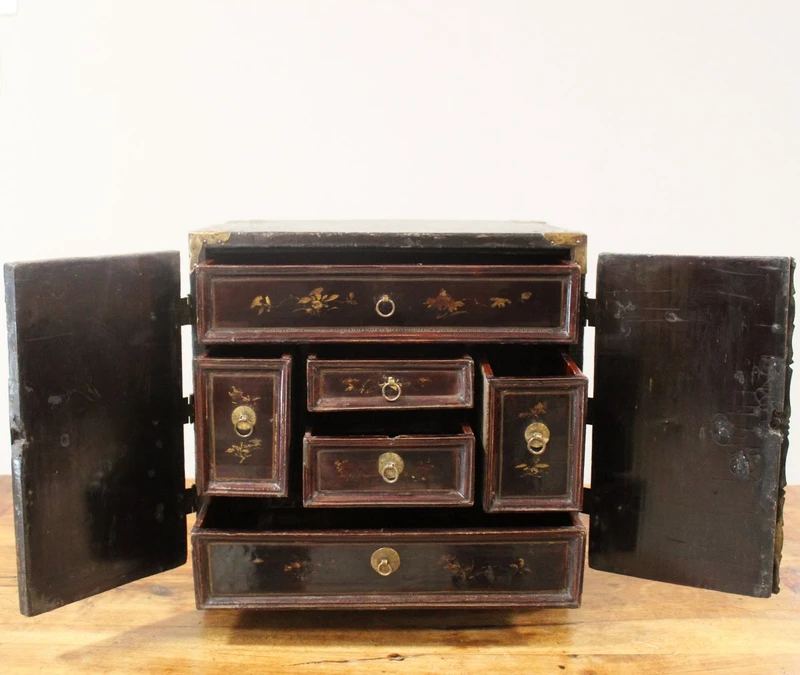 Antique coin cabinet and travel jewelry box made of lacquered and painted wood