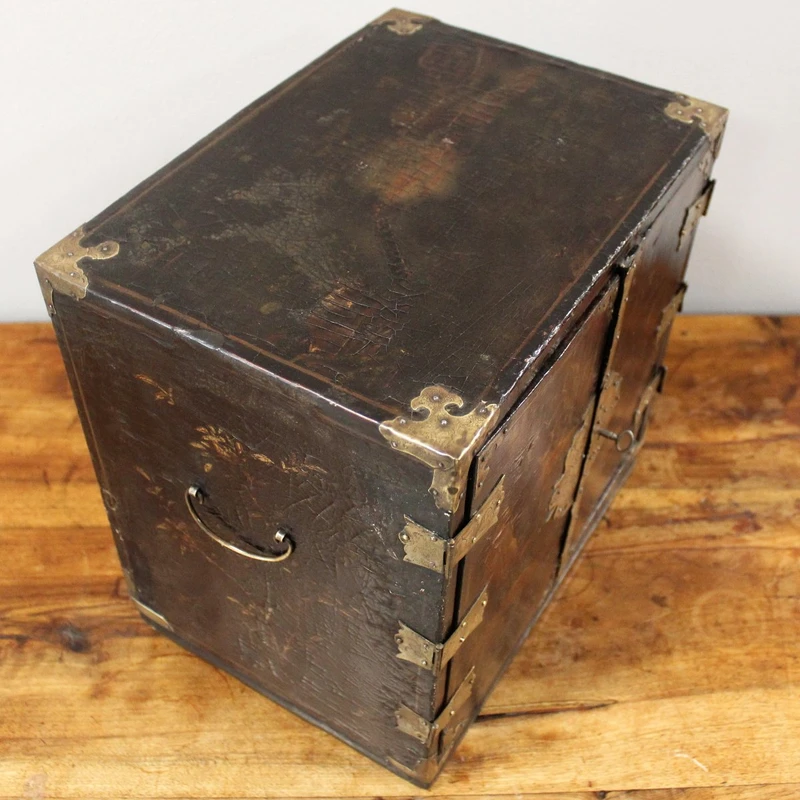Antique coin cabinet and travel jewelry box made of lacquered and painted wood