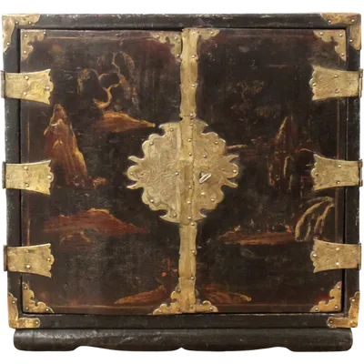 Antique coin cabinet and travel jewelry box made of lacquered and painted wood