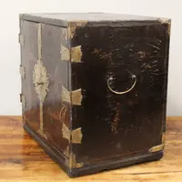 Antique coin cabinet and travel jewelry box made of lacquered and painted wood