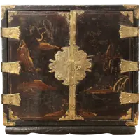 Antique coin cabinet and travel jewelry box made of lacquered and painted wood