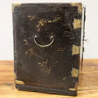 Antique coin cabinet and travel jewelry box made of lacquered and painted wood