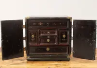 Antique coin cabinet and travel jewelry box made of lacquered and painted wood