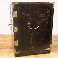 Antique coin cabinet and travel jewelry box made of lacquered and painted wood